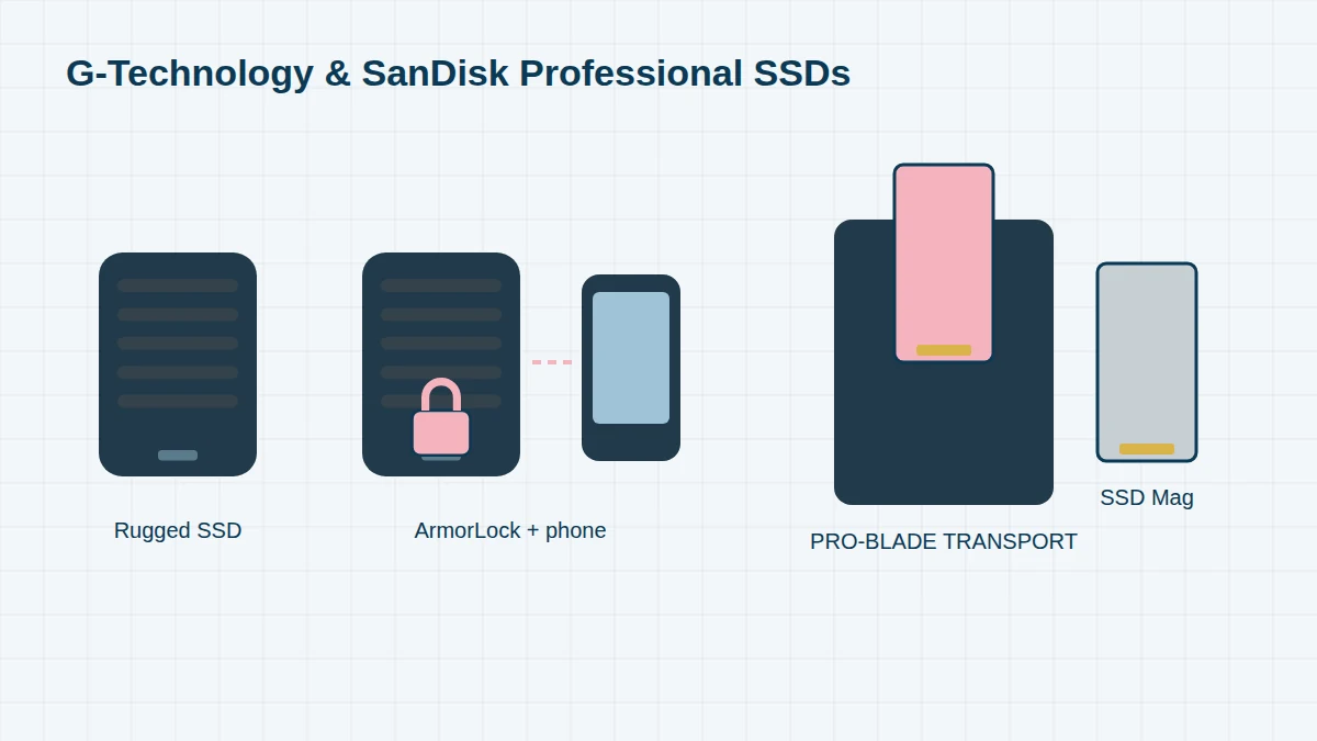 Illustration of SanDisk Professional style SSDs: a rugged portable SSD, an encrypted ArmorLock SSD with a phone used to unlock it, and PRO-BLADE SSD Mags with a TRANSPORT enclosure