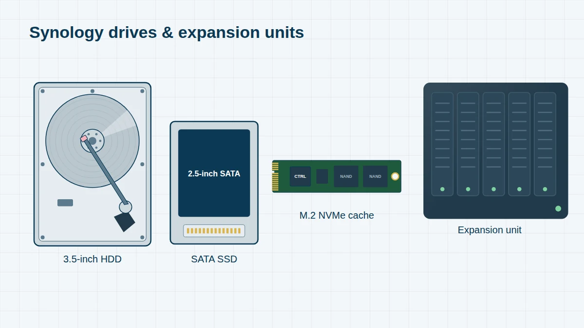 Illustration of Synology-style NAS drives: a 3.5-inch hard drive, a 2.5-inch SATA SSD, an M.2 NVMe cache SSD and a five-bay expansion unit