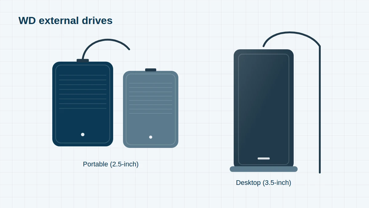 Illustration of WD-style portable external hard drives and a desktop external drive with USB cables
