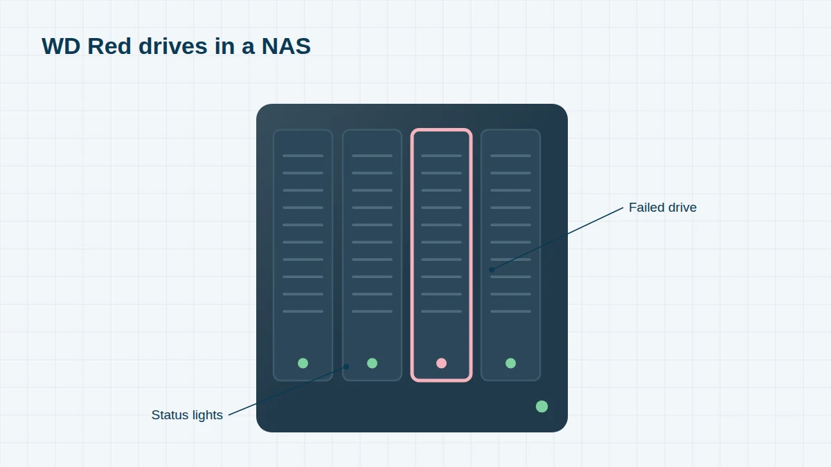 Illustration of a four-bay NAS enclosure with one failed drive highlighted