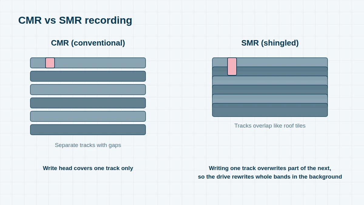 Diagram comparing CMR recording with separate tracks and SMR recording with overlapping shingled tracks, as used in WD Blue and WD Red drives