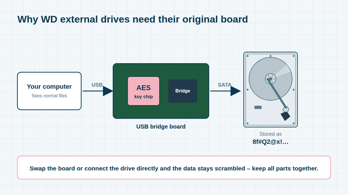 Diagram showing how WD My Passport and My Book drives encrypt data on the USB bridge board, so the original board is needed to read the drive